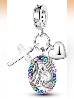 Catholic Virgin Mary and cross sterling silver charm Pandora like bracel…